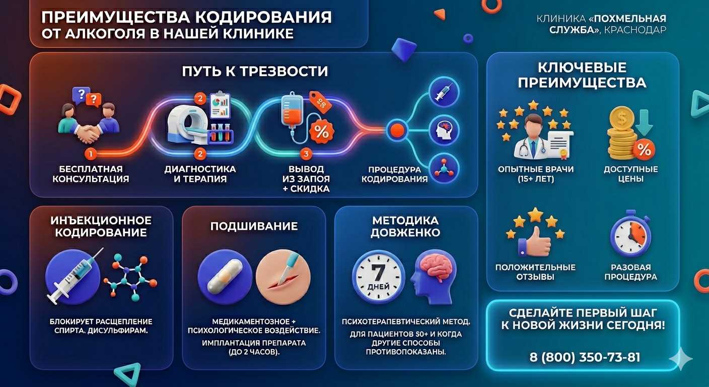 Инфографика о методах кодирования от алкоголя в Верхней Салде: инъекции, подшивание, метод Довженко. Преимущества клиники и этапы лечения.